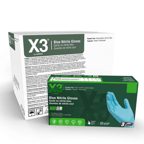 AMMEX X3 Blue Nitrile Industrial Latex Free Disposable Gloves XL