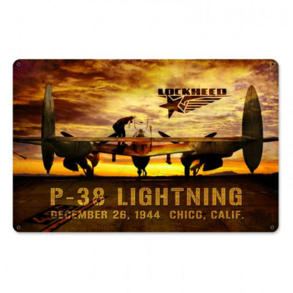 Vintage Signs - P-38 Lightning Sunset 18in x 12in | LM023
